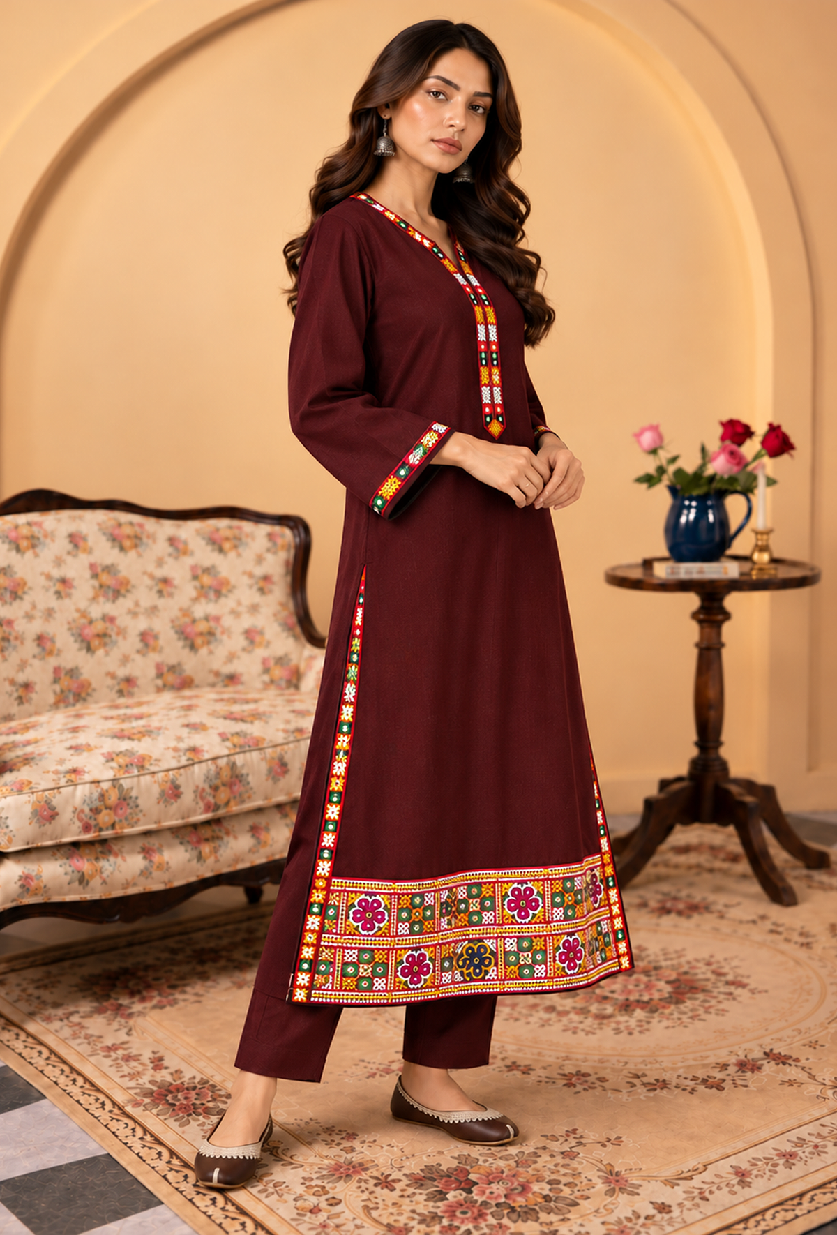 Set of 2: Wine Brown Cashmilon Phiran & Pant Set with Kutch Embroidered Lace パンツ S
