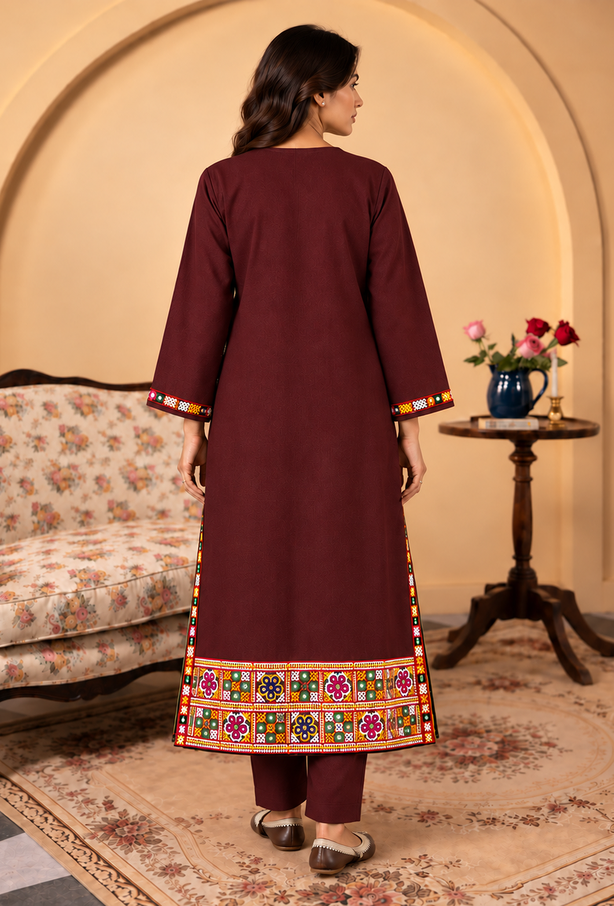 Set of 2: Wine Brown Cashmilon Phiran & Pant Set with Kutch Embroidered Lace パンツ M