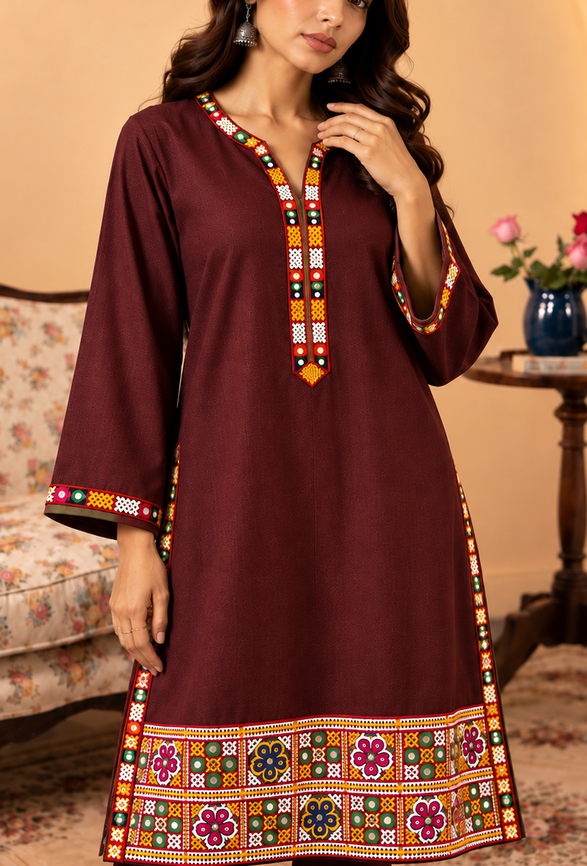 Set of 2: Wine Brown Cashmilon Phiran & Pant Set with Kutch Embroidered Lace パンツ M