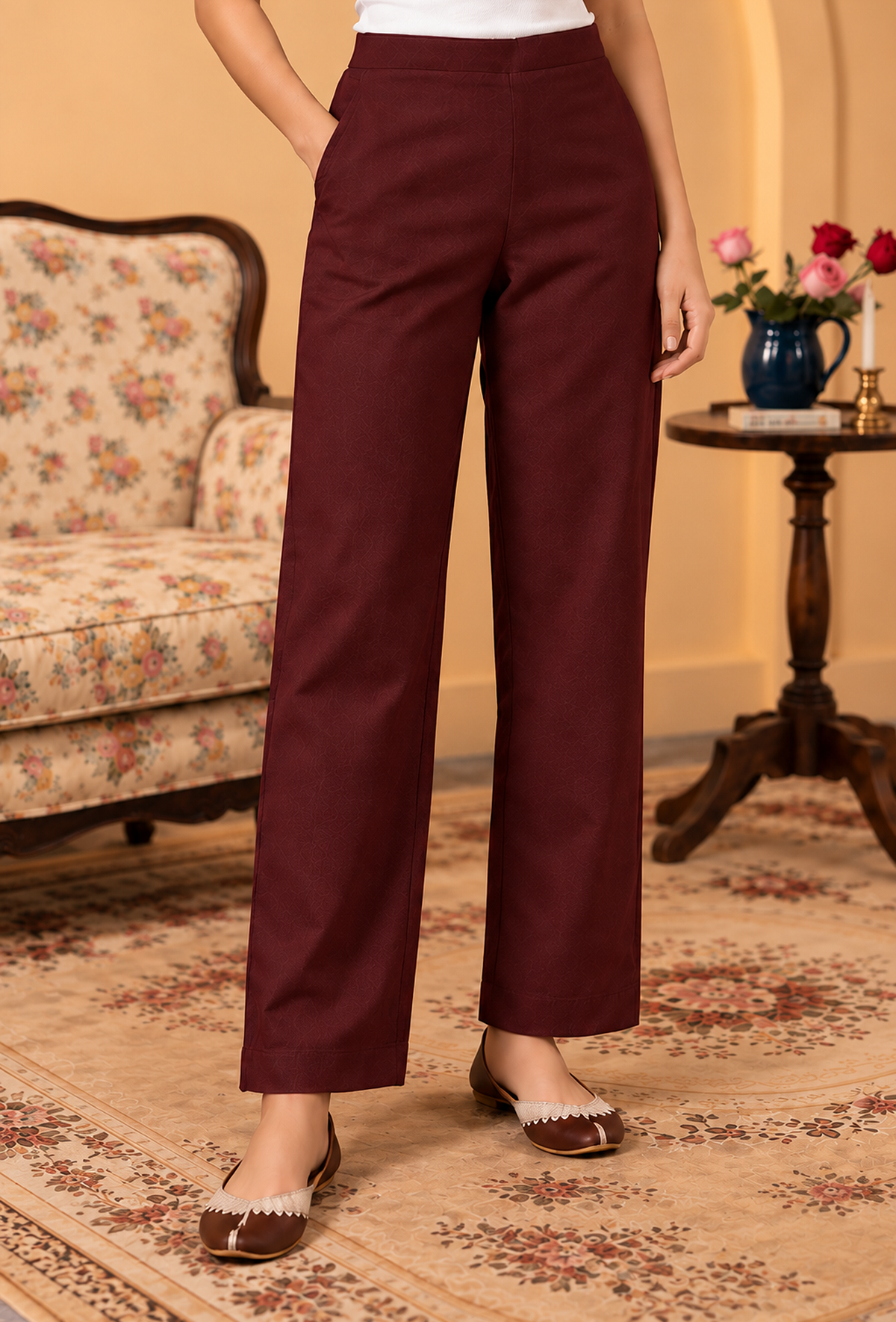 Set of 2: Wine Brown Cashmilon Phiran & Pant Set with Kutch Embroidered Lace パンツ XXL