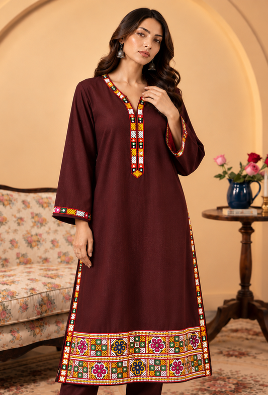 Wine Brown Cashmilon Phiran with Kutch Embroidered Lace サイズ フリーサイズ