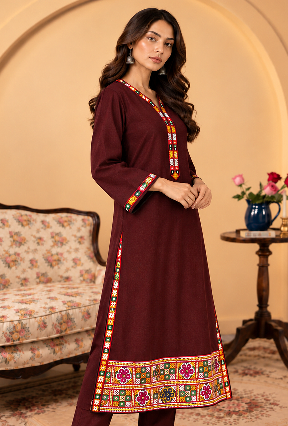 Wine Brown Cashmilon Phiran with Kutch Embroidered Lace サイズ フリーサイズ