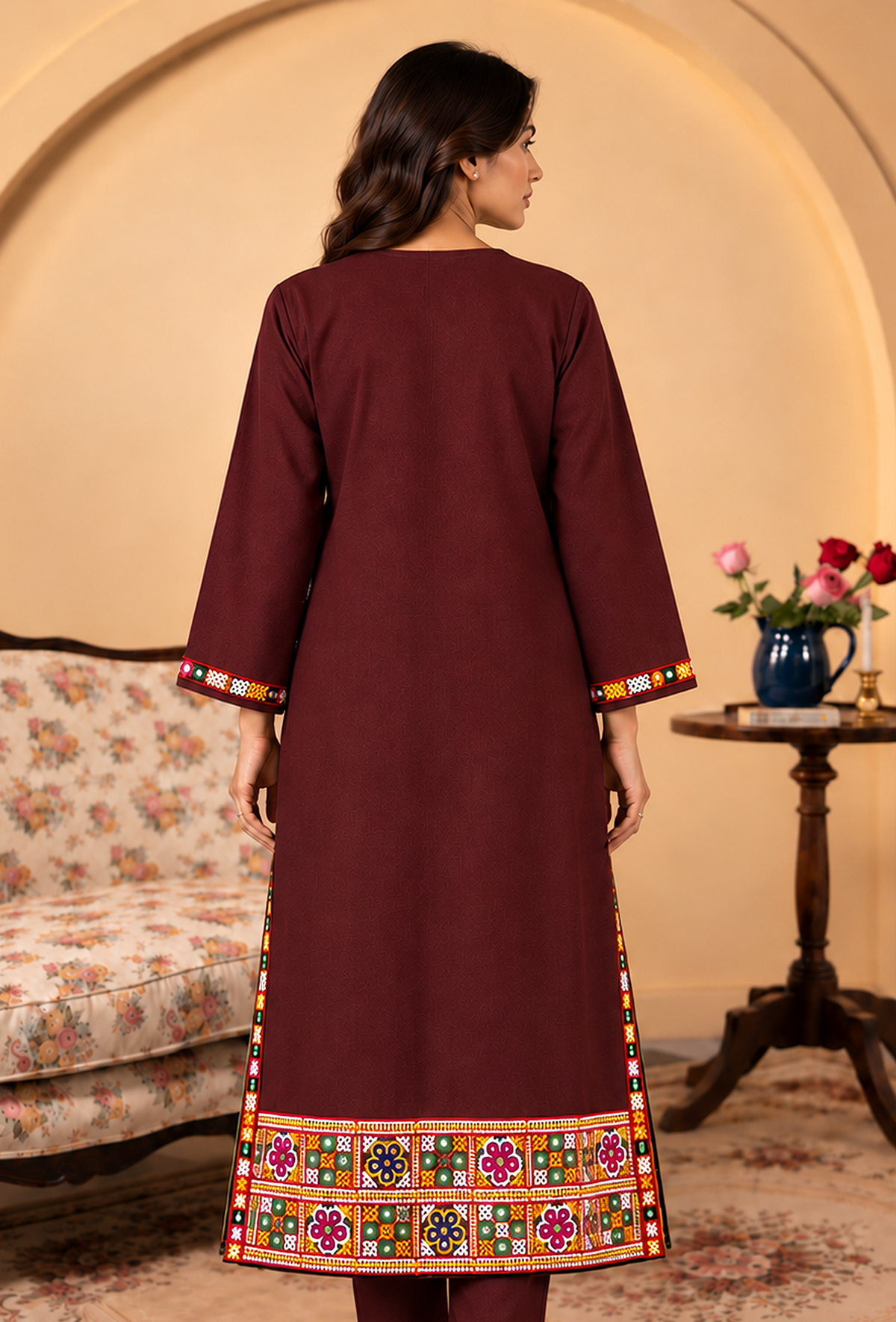 Wine Brown Cashmilon Phiran with Kutch Embroidered Lace サイズ フリーサイズ