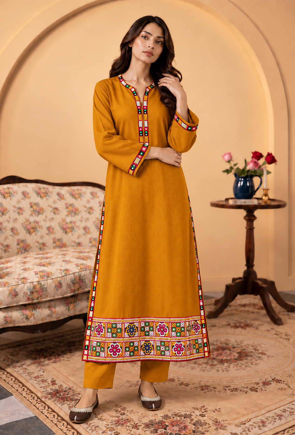 Set of 2: Mustard Yellow Cashmilon Phiran & Pant Set with Kutch Embroidered Lace パンツ M