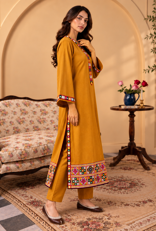 Set of 2: Mustard Yellow Cashmilon Phiran & Pant Set with Kutch Embroidered Lace パンツ M