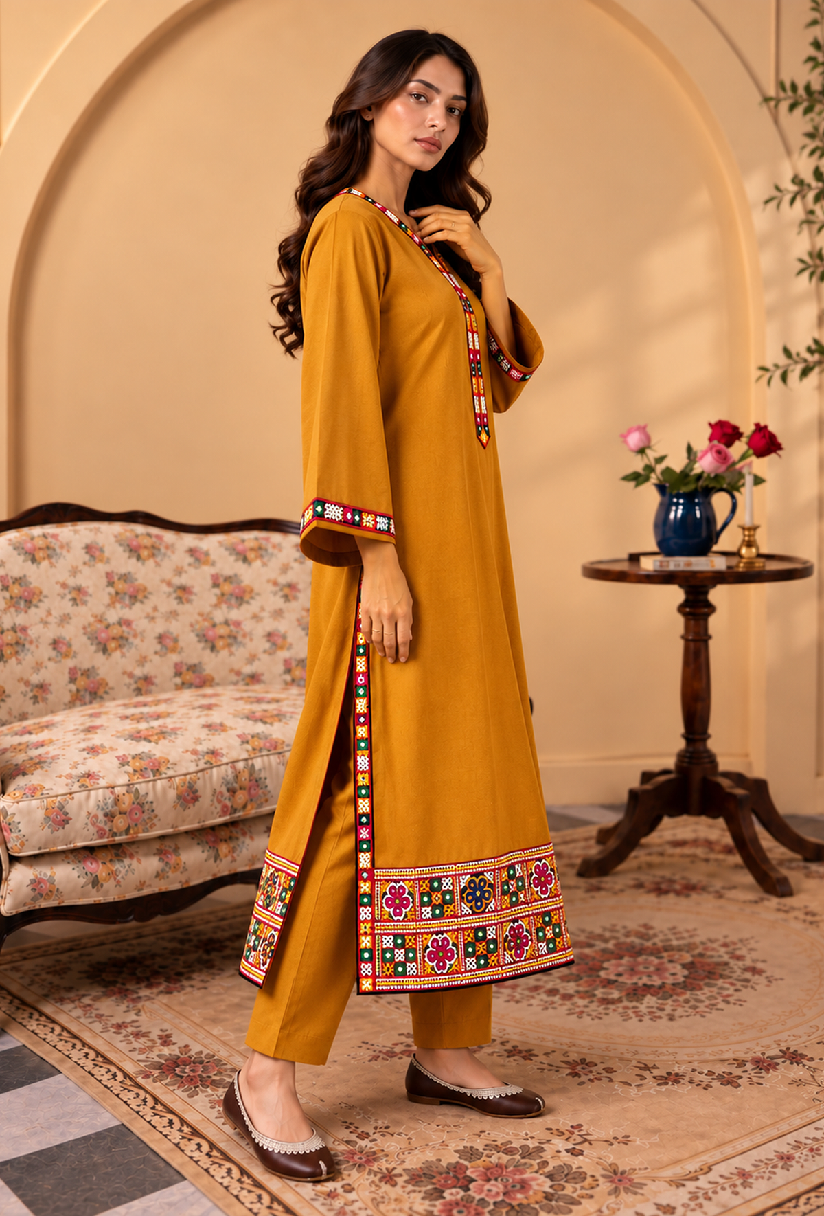 Set of 2: Mustard Yellow Cashmilon Phiran & Pant Set with Kutch Embroidered Lace パンツ L