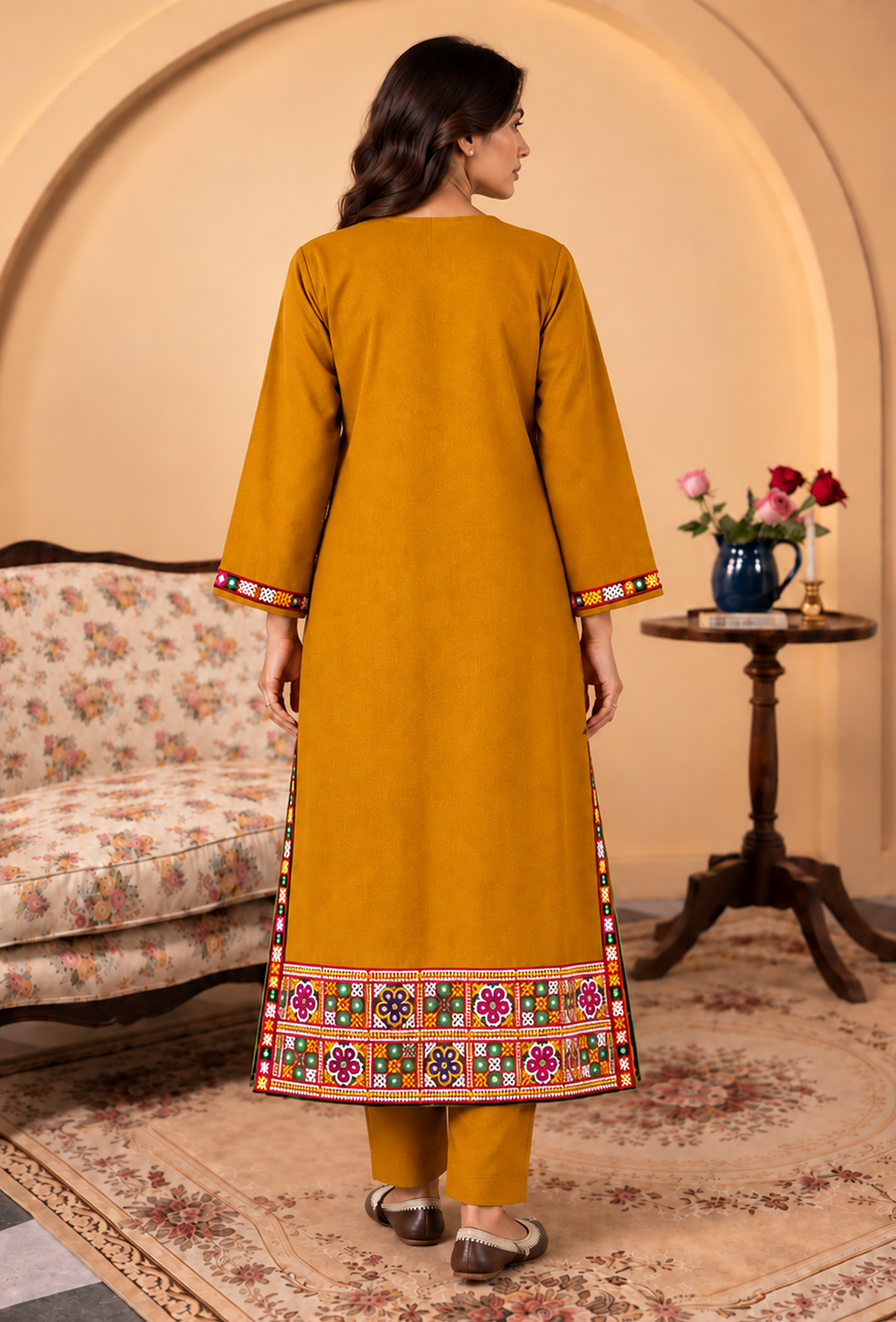 Set of 2: Mustard Yellow Cashmilon Phiran & Pant Set with Kutch Embroidered Lace パンツ XS