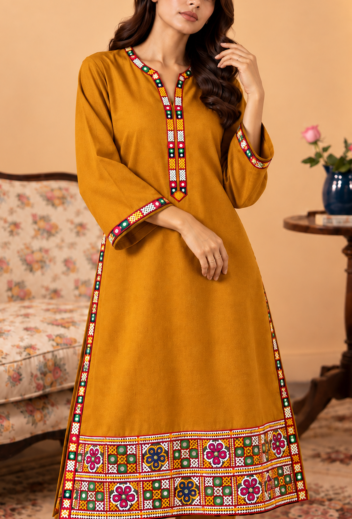 Set of 2: Mustard Yellow Cashmilon Phiran & Pant Set with Kutch Embroidered Lace パンツ L