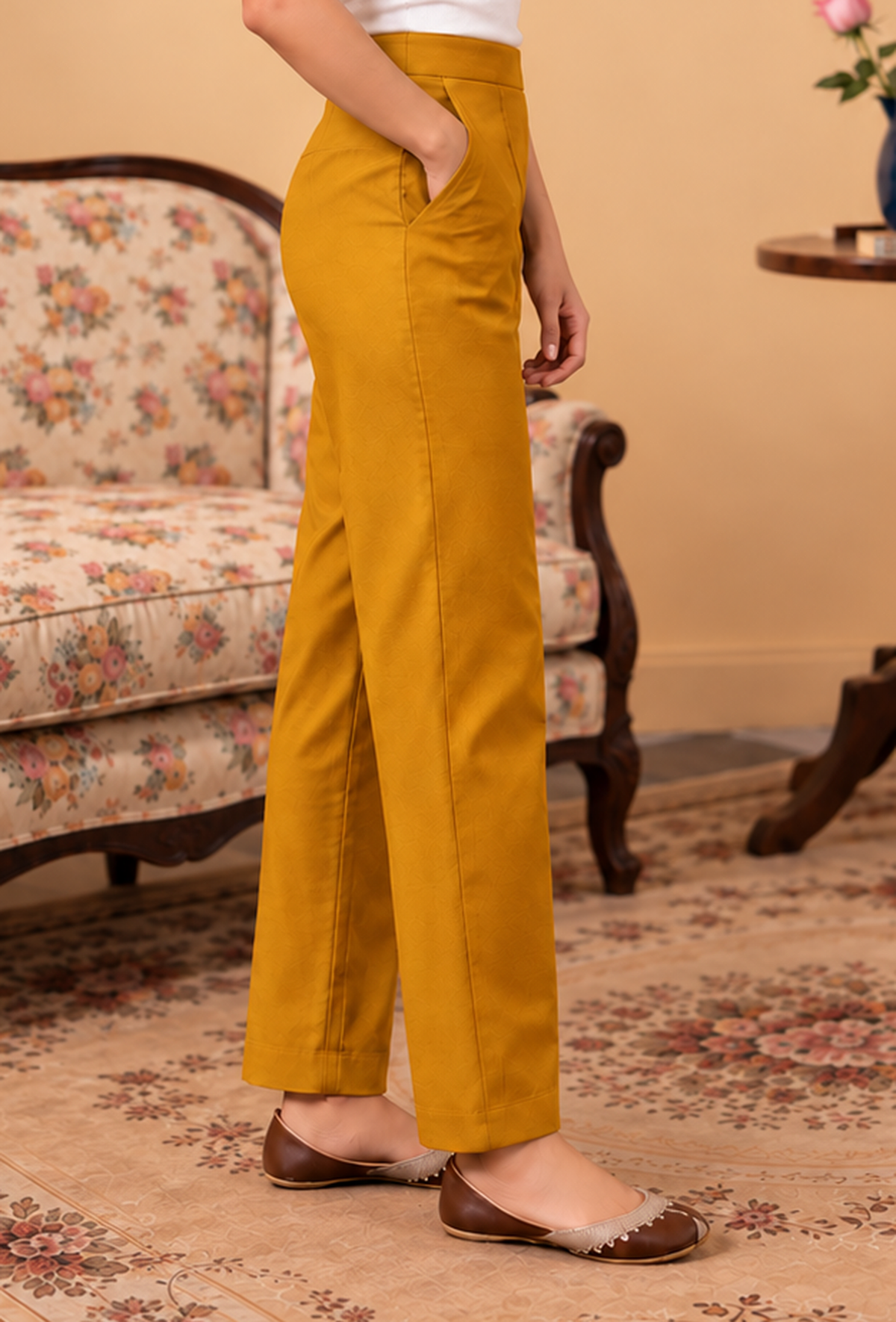 Set of 2: Mustard Yellow Cashmilon Phiran & Pant Set with Kutch Embroidered Lace パンツ XL