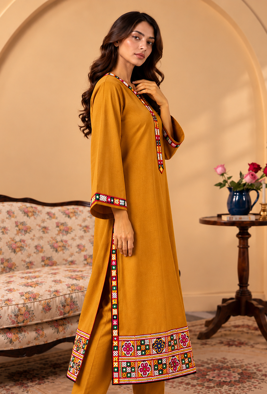 Mustard Yellow Cashmilon Phiran with Kutch Embroidered Lace サイズ フリーサイズ