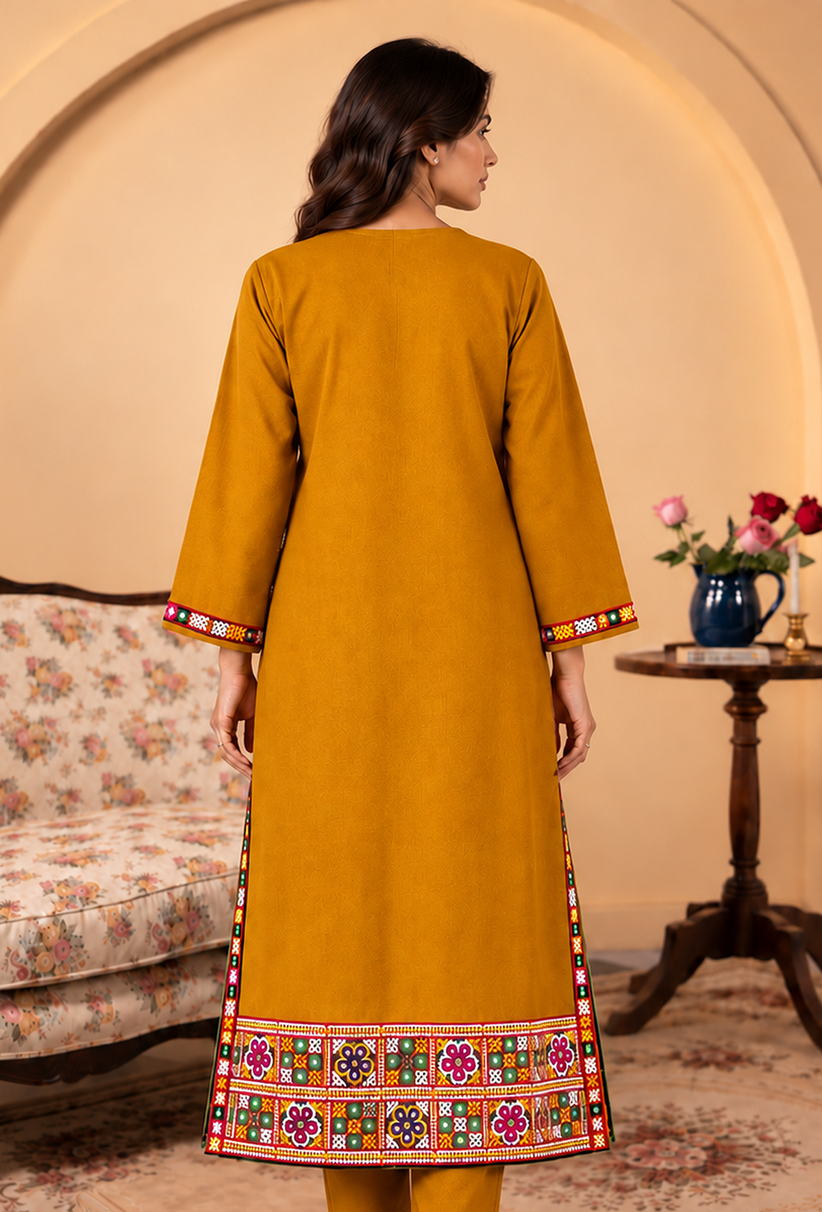 Mustard Yellow Cashmilon Phiran with Kutch Embroidered Lace サイズ フリーサイズ