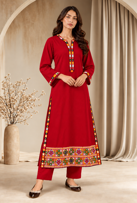 Set of 2: Ruby Red Cashmilon Phiran & Pant Set with Kutch Embroidered Lace パンツ M