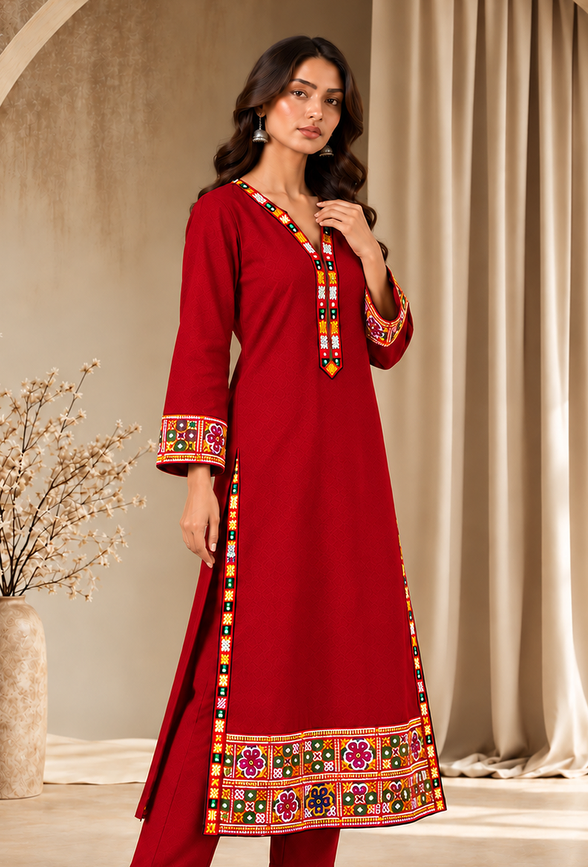 Ruby Red Cashmilon Phiran with Kutch Embroidered Lace サイズ フリーサイズ