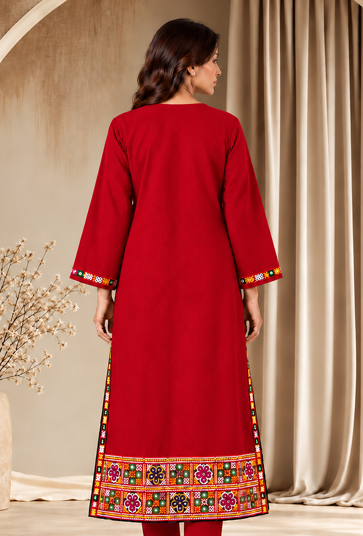Ruby Red Cashmilon Phiran with Kutch Embroidered Lace サイズ フリーサイズ