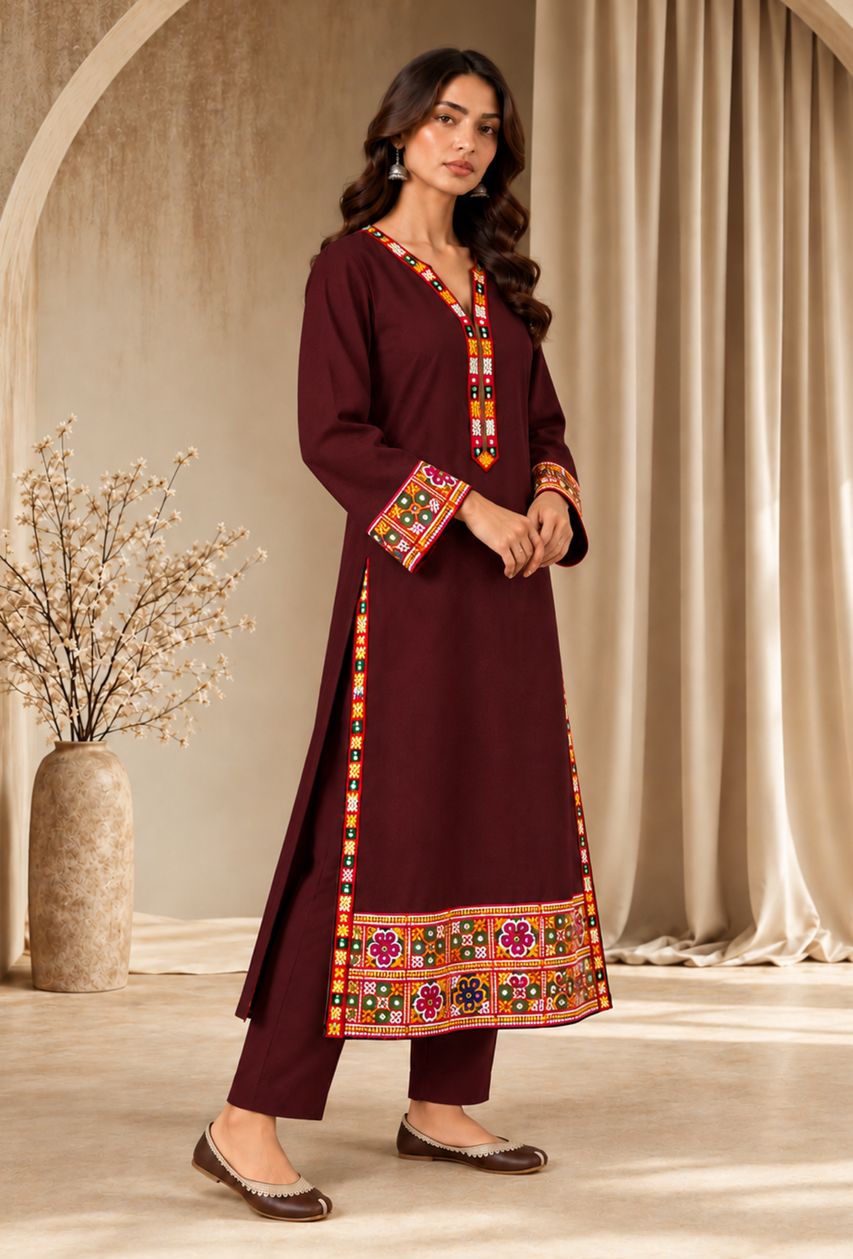 Set of 2: Burgundy Cashmilon Phiran & Pant Set with Kutch Embroidered Lace パンツ XXXL
