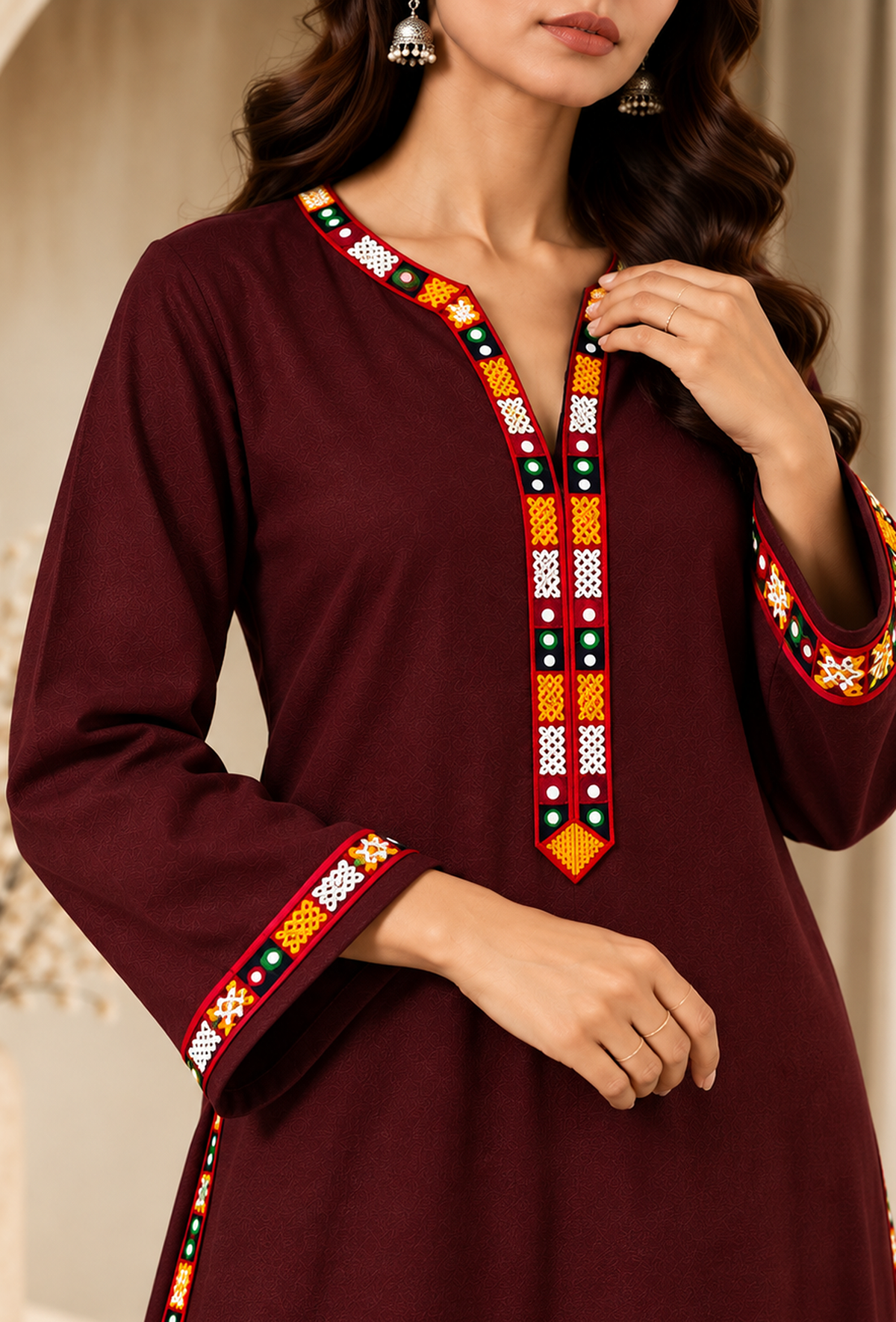 Set of 2: Burgundy Cashmilon Phiran & Pant Set with Kutch Embroidered Lace パンツ L
