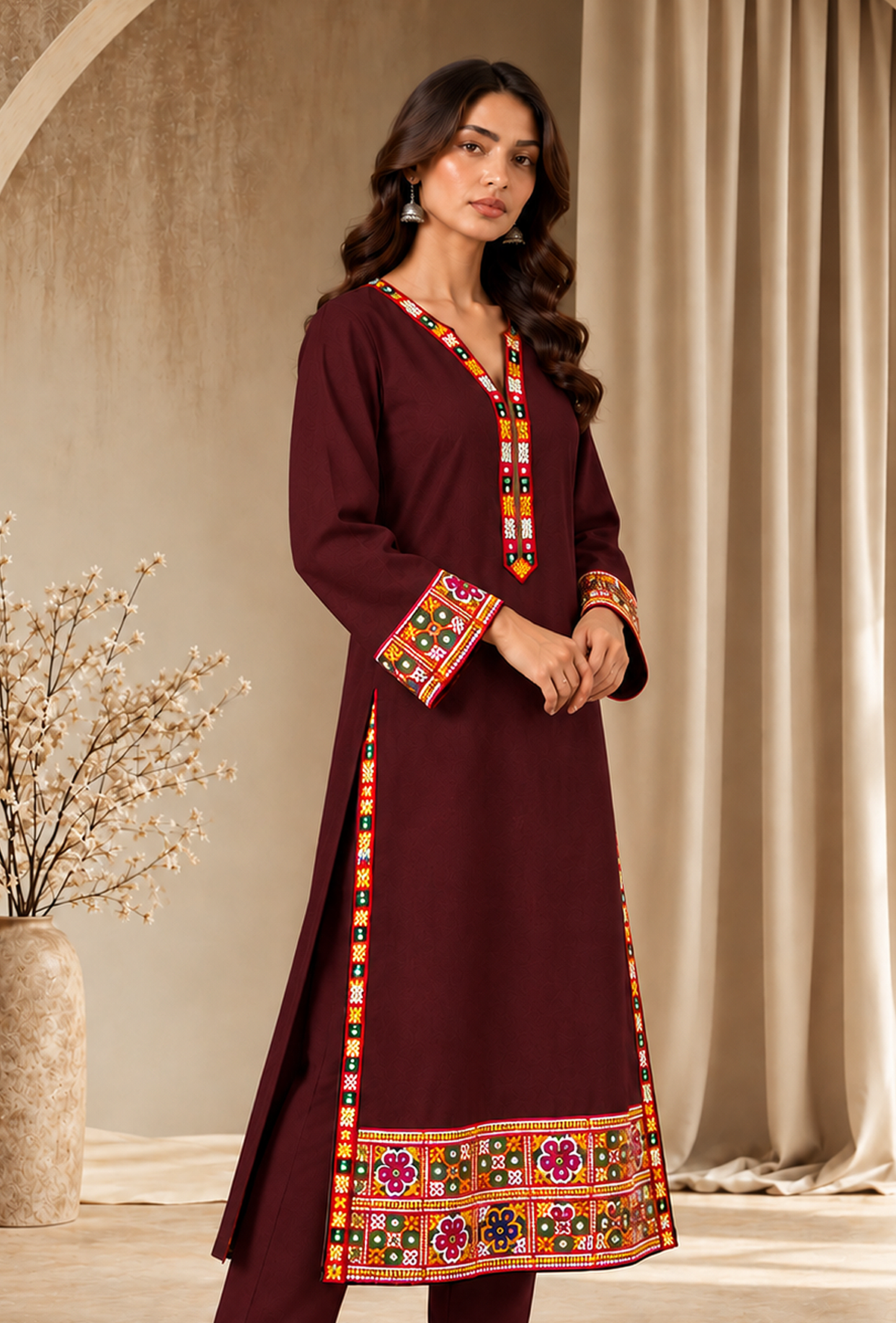 Burgundy Cashmilon Phiran with Kutch Embroidered Lace サイズ フリーサイズ