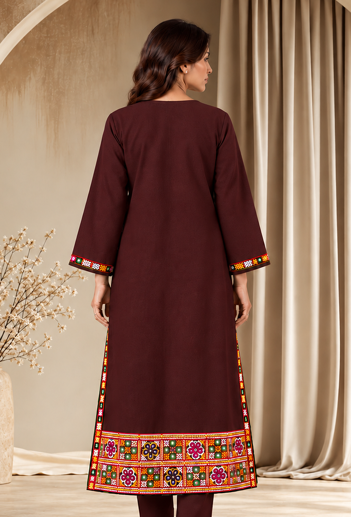 Burgundy Cashmilon Phiran with Kutch Embroidered Lace サイズ フリーサイズ