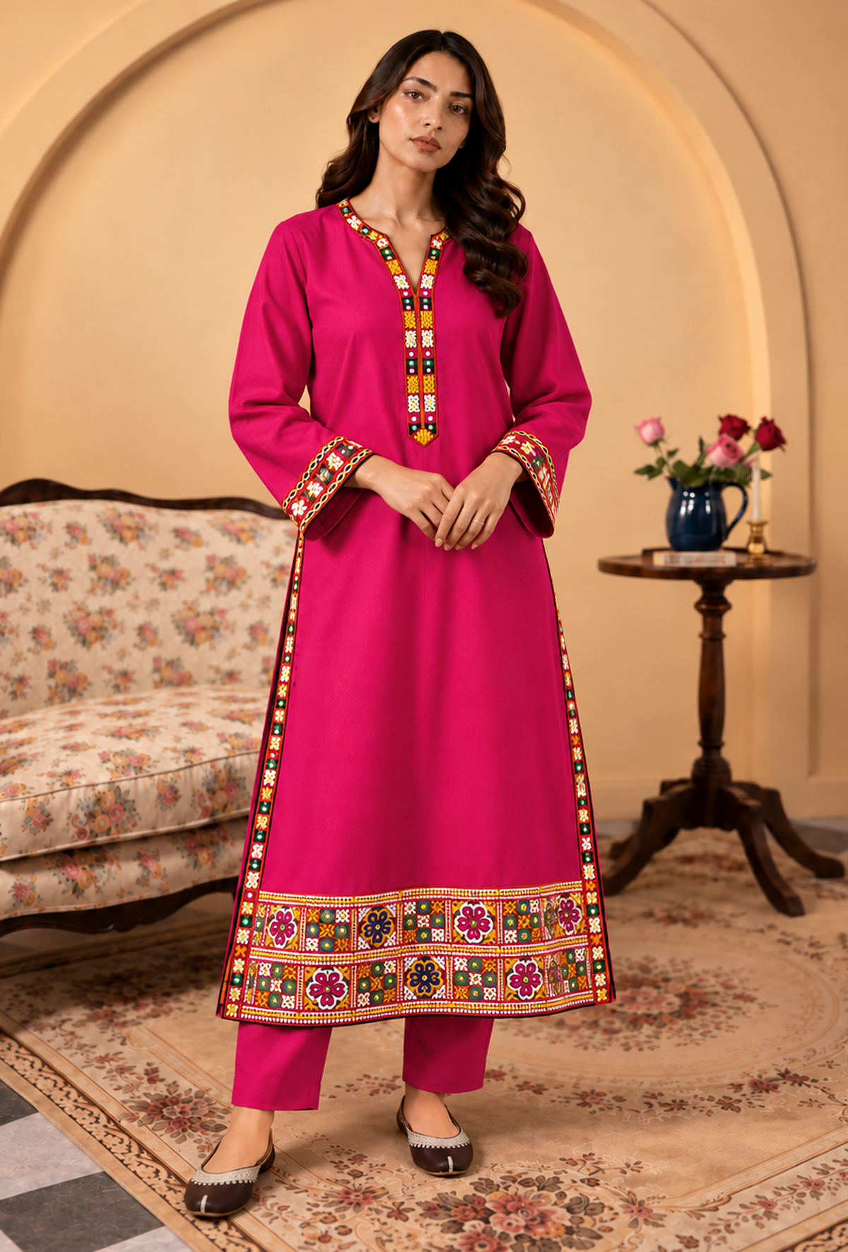 Set of 2: Rani Pink Cashmilon Phiran & Pant Set with Kutch Embroidered Lace パンツ M