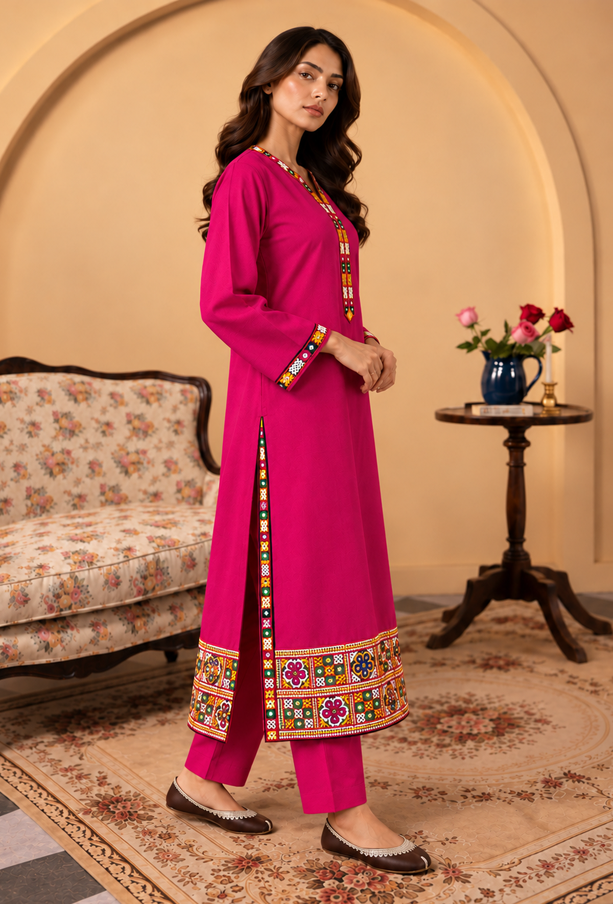 Set of 2: Rani Pink Cashmilon Phiran & Pant Set with Kutch Embroidered Lace パンツ XXL