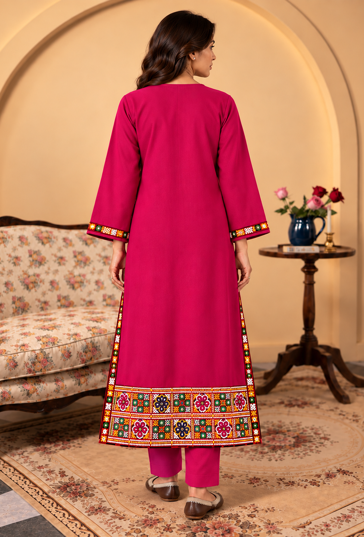Set of 2: Rani Pink Cashmilon Phiran & Pant Set with Kutch Embroidered Lace パンツ XL