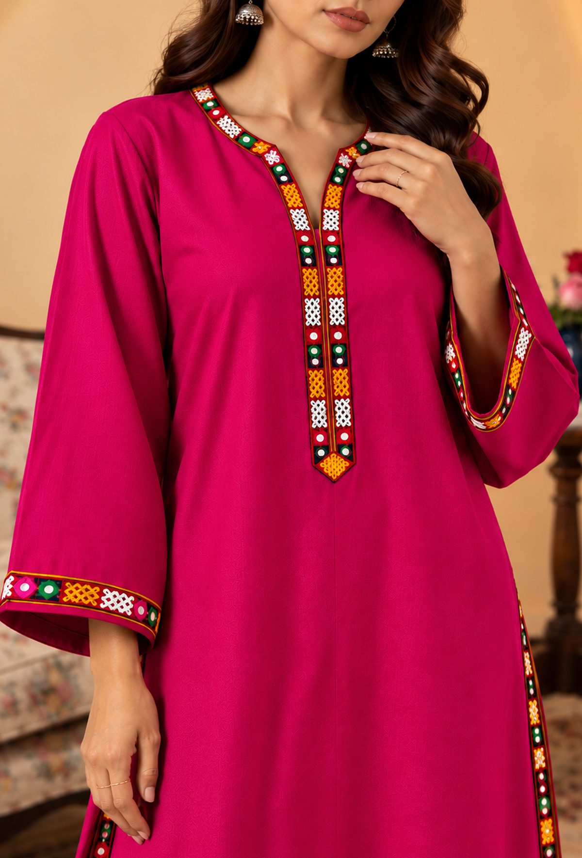 Rani Pink Cashmilon Phiran with Kutch Embroidered Lace サイズ フリーサイズ