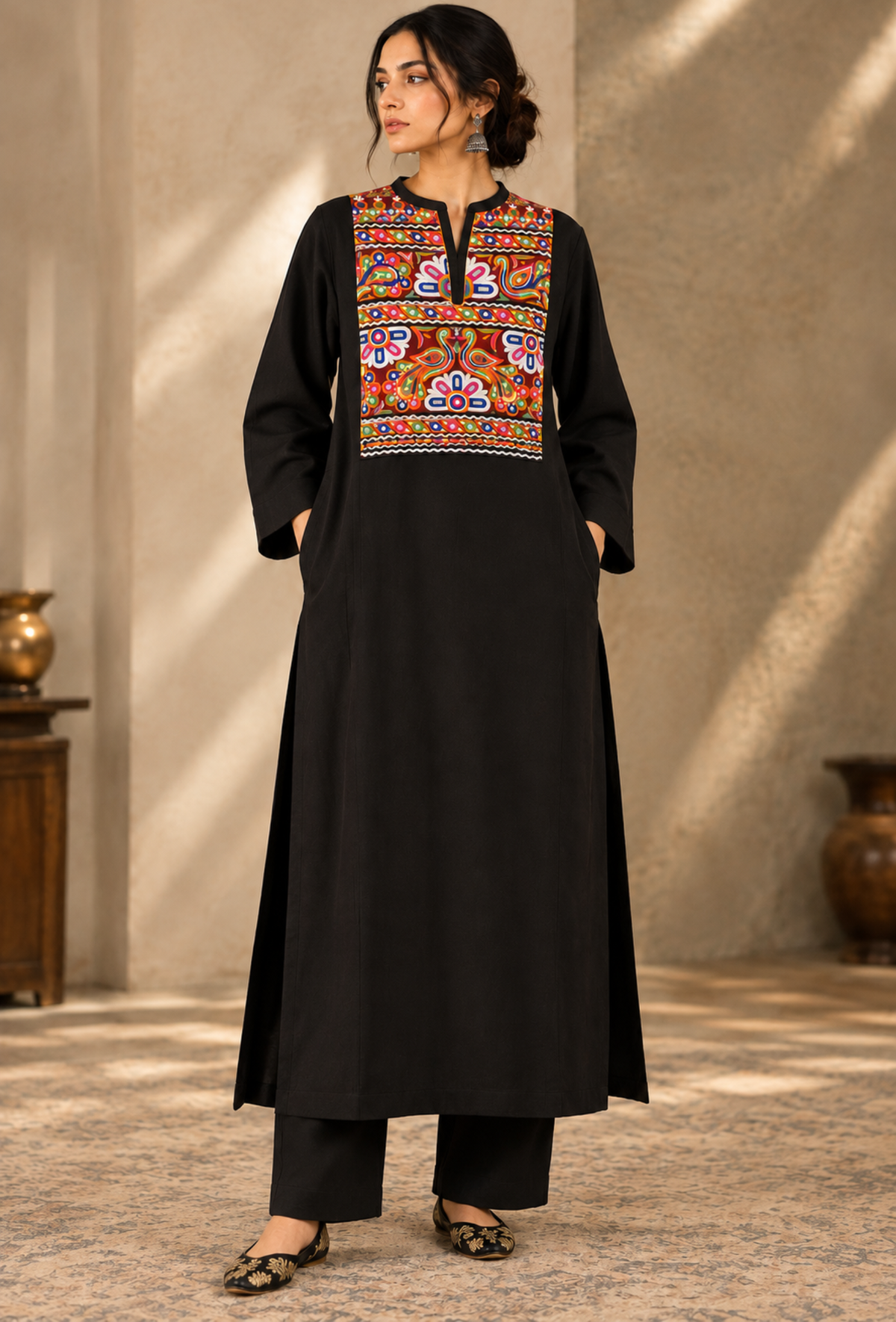Set of 2: Black Cashmilon Phiran & Pant Set with Kutch Embroidered Lace パンツ M