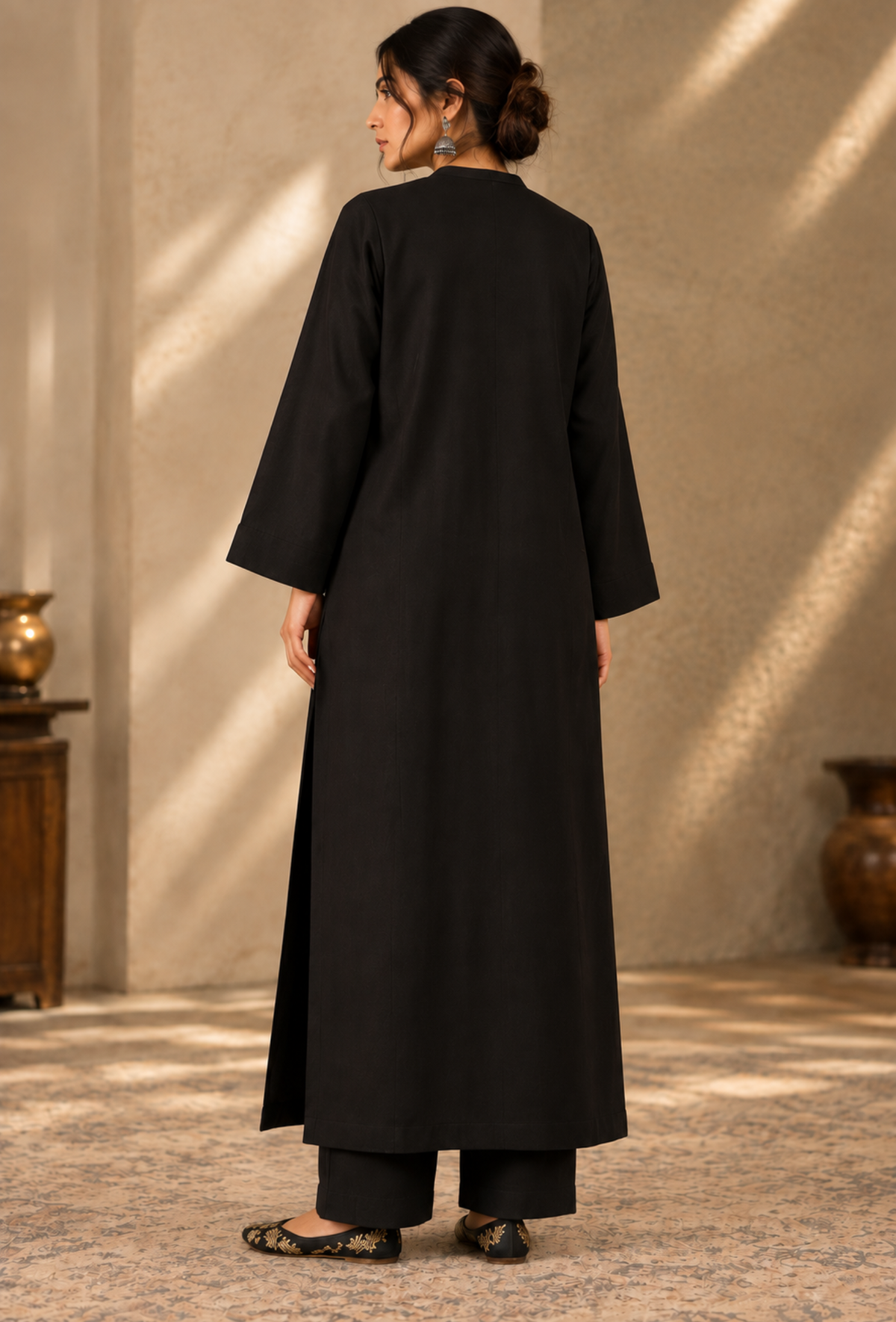 Set of 2: Black Cashmilon Phiran & Pant Set with Kutch Embroidered Lace パンツ XS