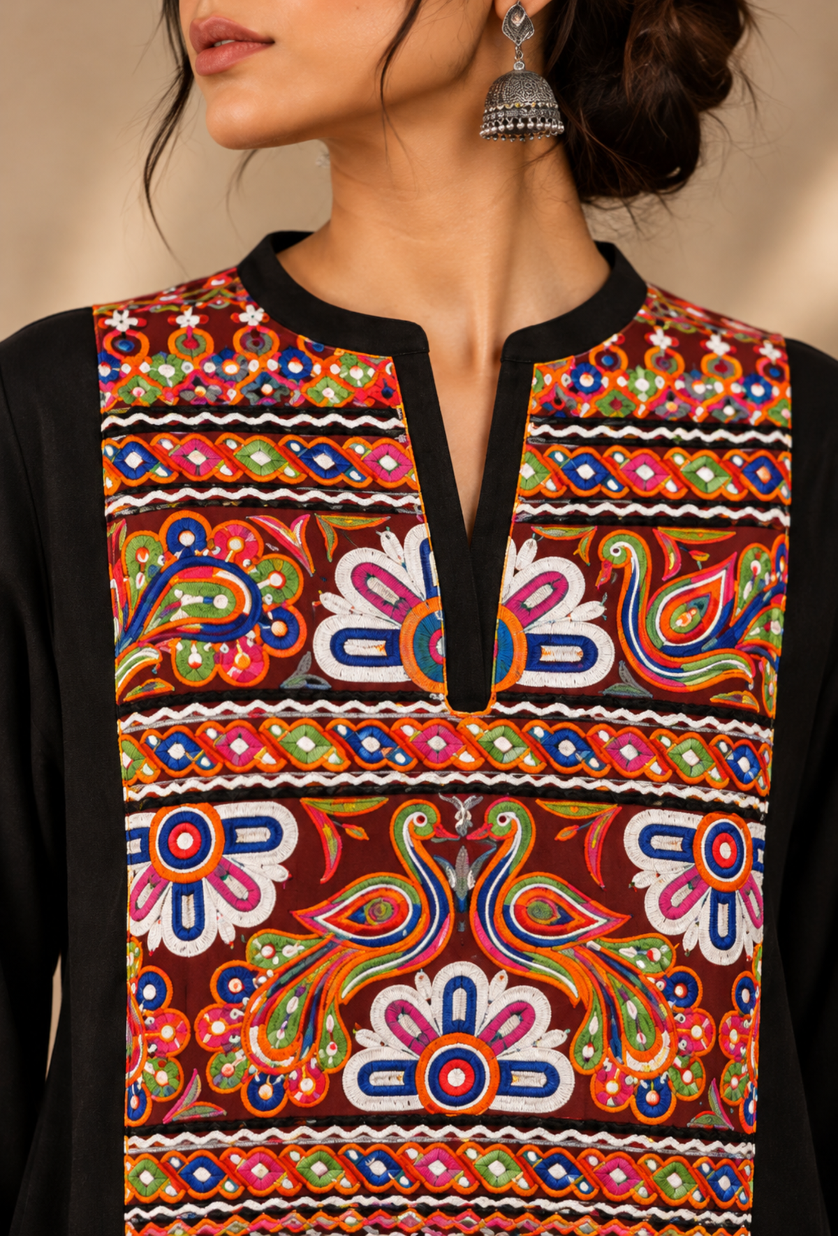 Set of 2: Black Cashmilon Phiran & Pant Set with Kutch Embroidered Lace パンツ M
