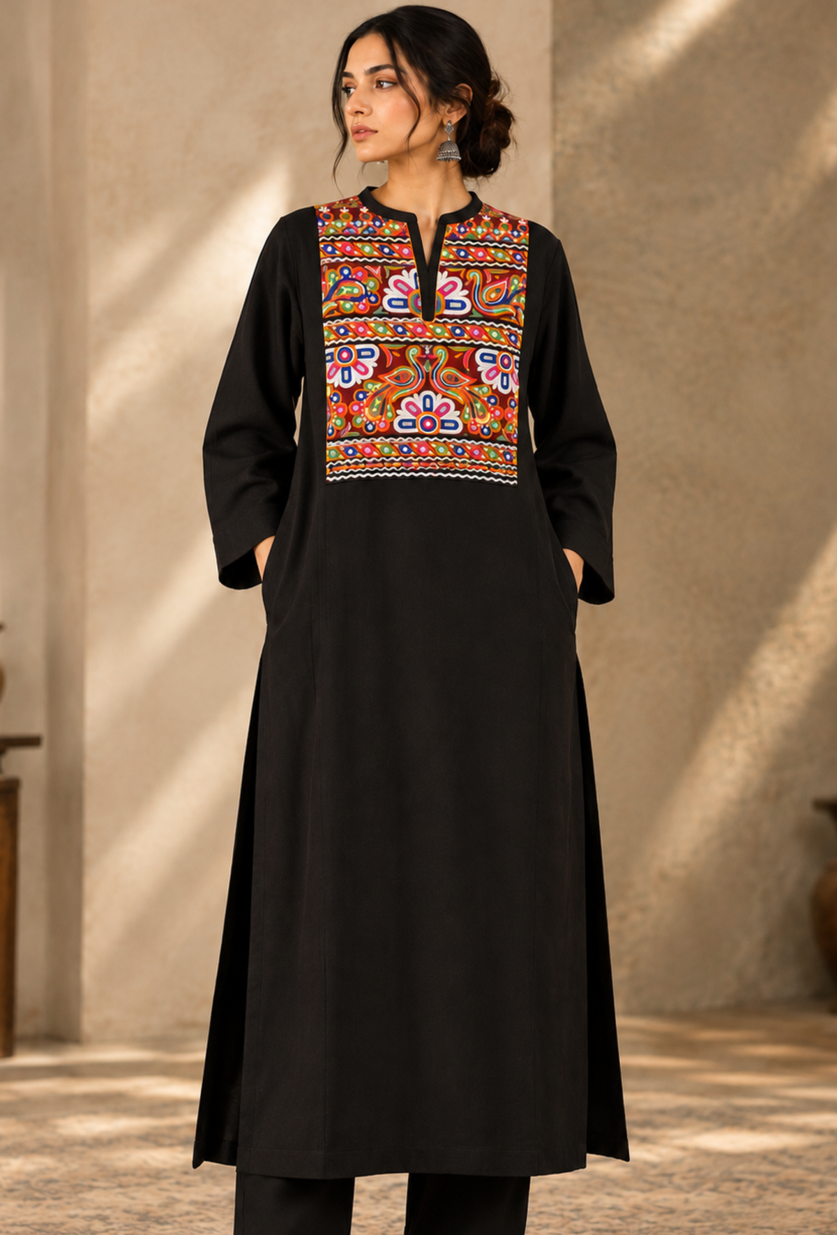 Black Cashmilon Phiran with Kutch Embroidered Lace サイズ フリーサイズ