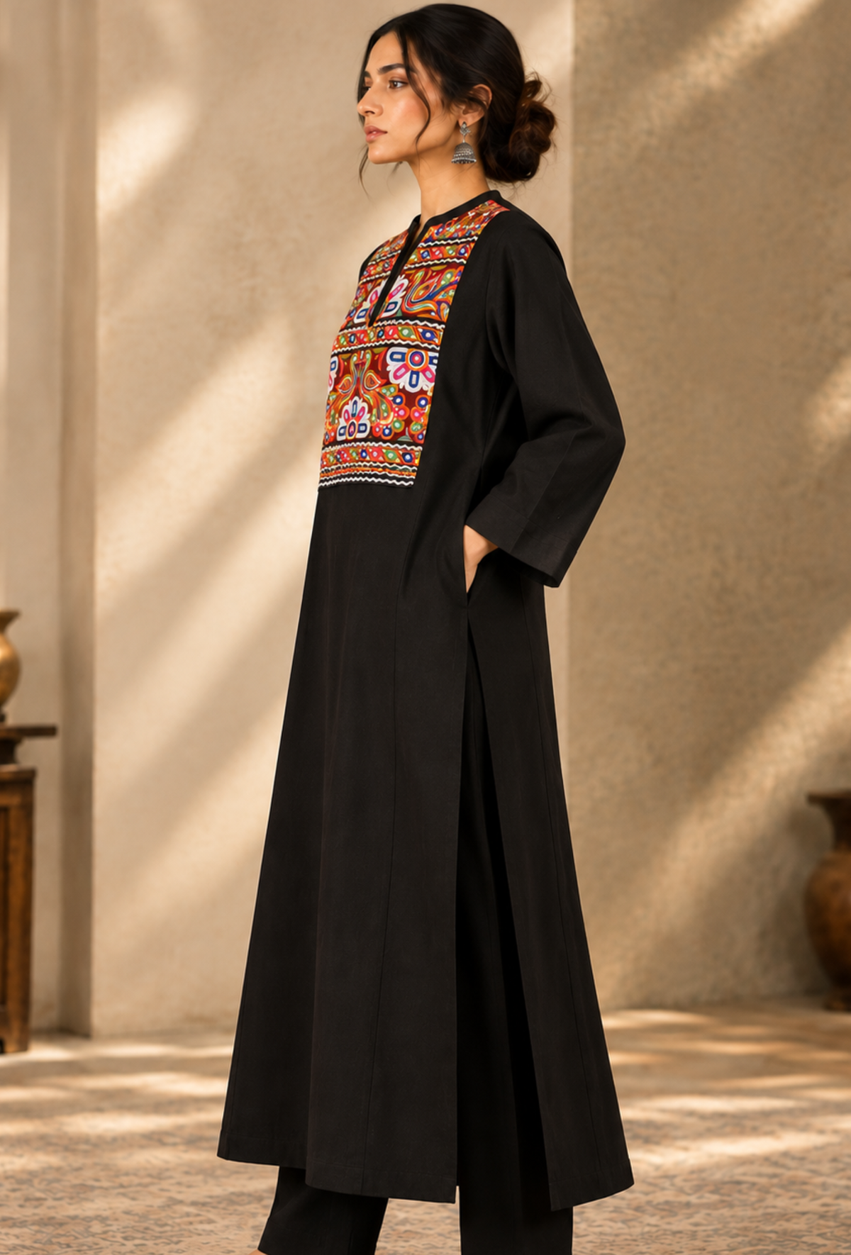 Black Cashmilon Phiran with Kutch Embroidered Lace サイズ フリーサイズ