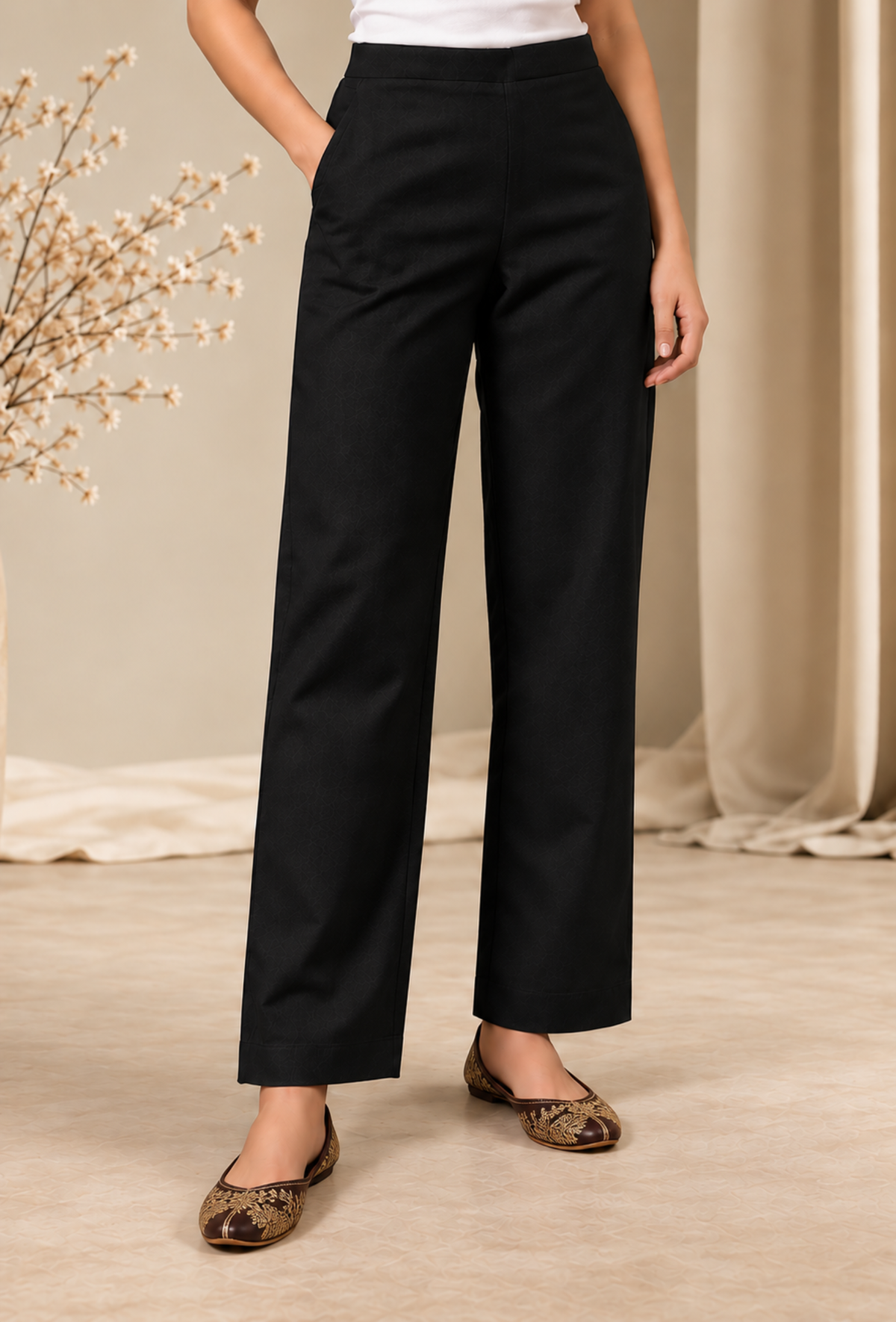 Set of 2: Black Cashmilon Phiran & Pant Set with Kutch Embroidered Lace パンツ XXXL