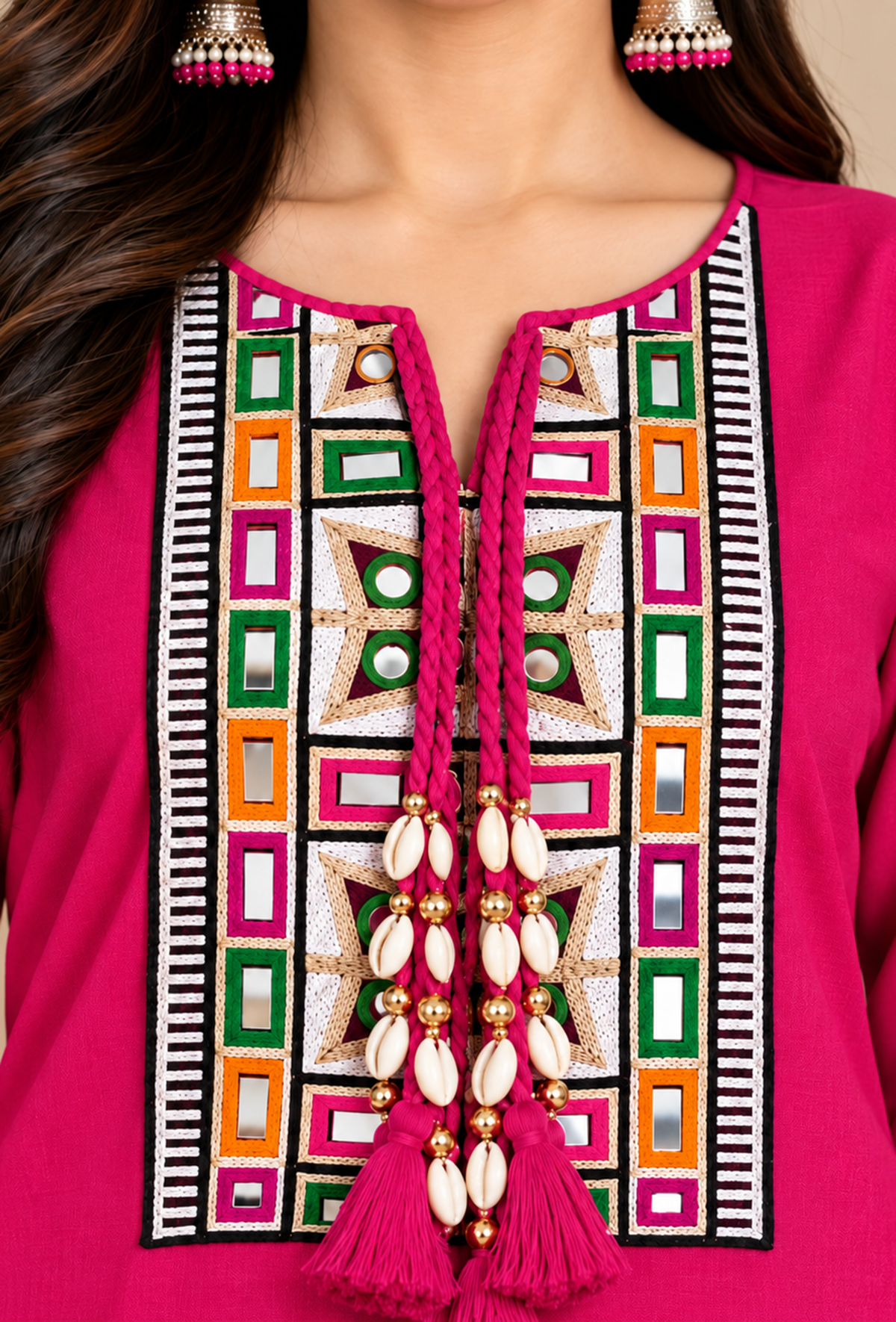 Set of 2: Rani Pink Cashmilon Multicolor Gamthi Embroidered Phiran & Pant Set パンツ M