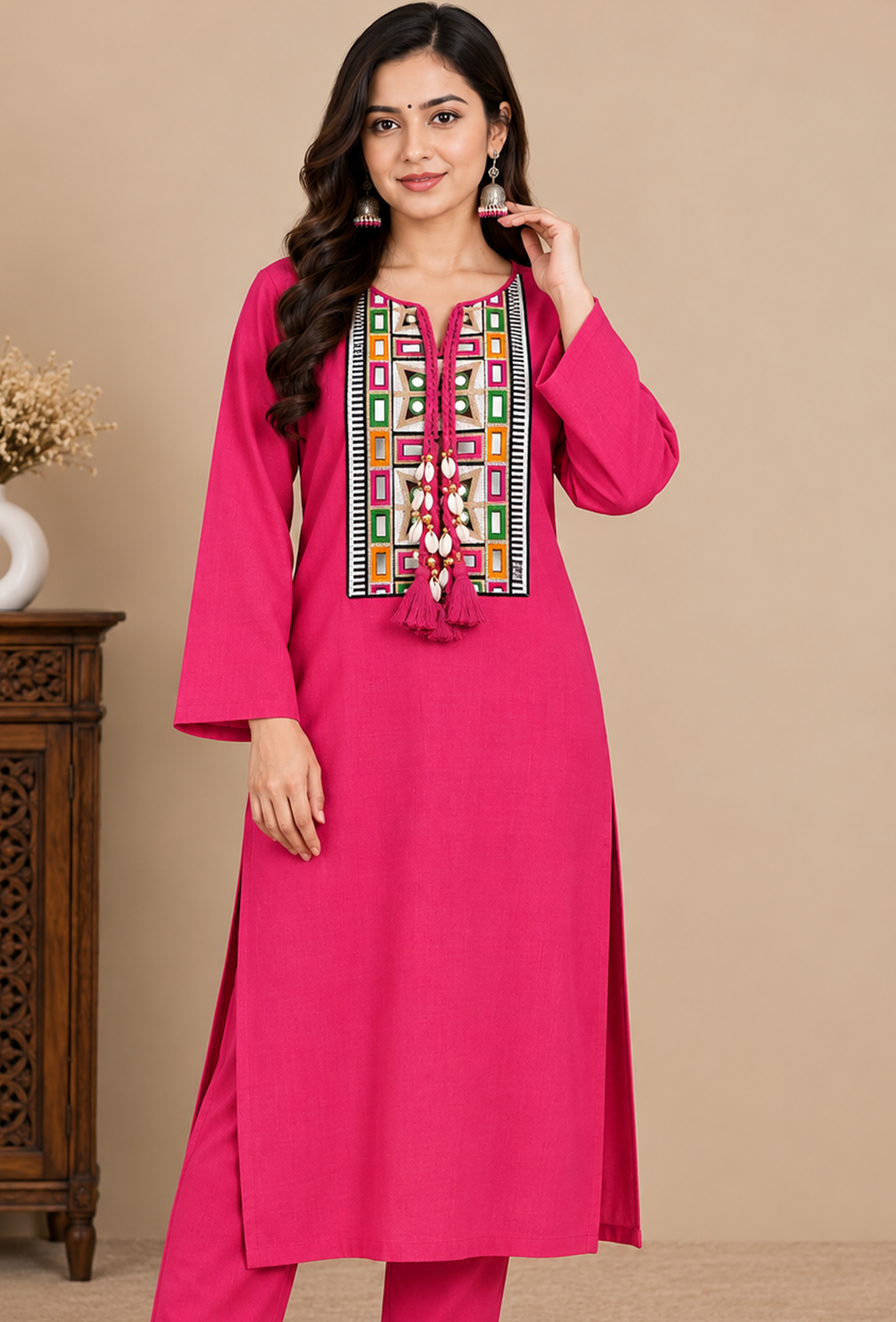 Rani Pink Cashmilon Gamthi Embroidered Phiran サイズ フリーサイズ