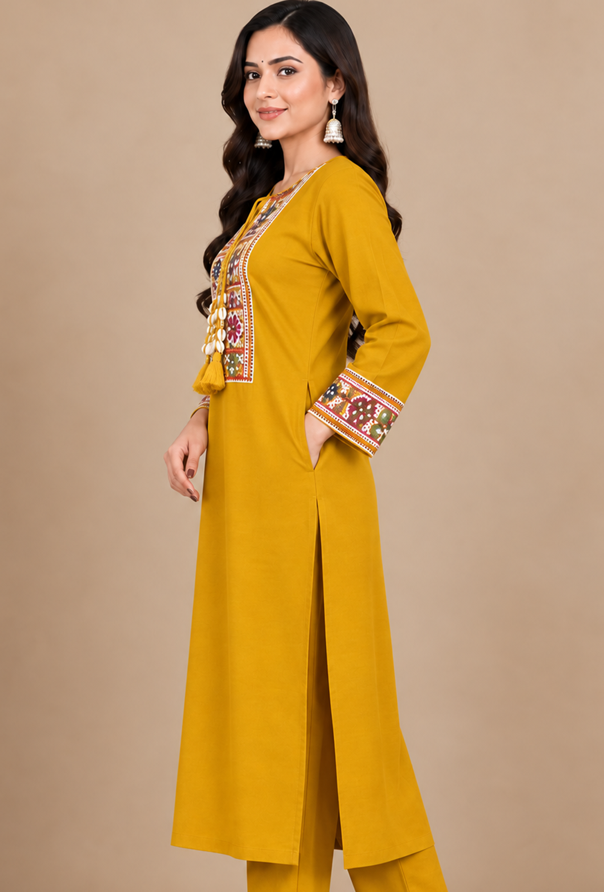 Mustard Yellow Cashmilon Gamthi Embroidered Phiran サイズ フリーサイズ