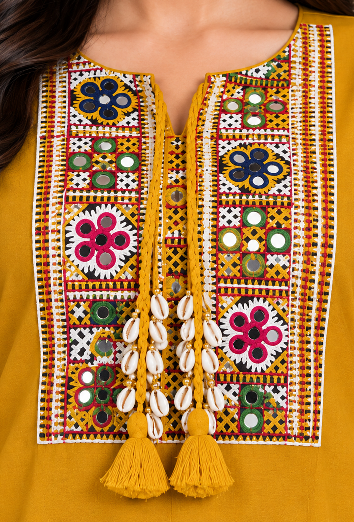 Mustard Yellow Cashmilon Gamthi Embroidered Phiran サイズ フリーサイズ