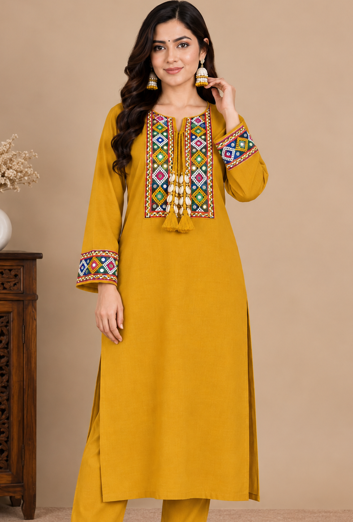 Mustard Yellow Multicolour Cashmilon Gamthi Embroidered Phiran サイズ フリーサイズ