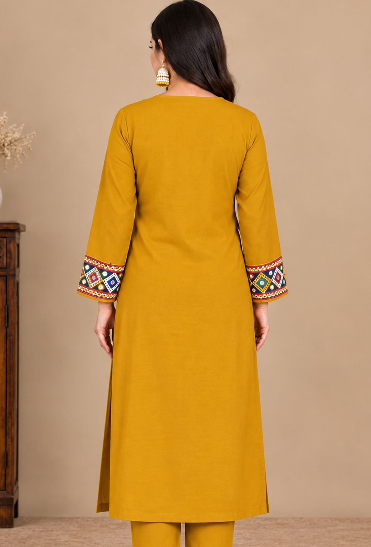 Mustard Yellow Multicolour Cashmilon Gamthi Embroidered Phiran サイズ フリーサイズ