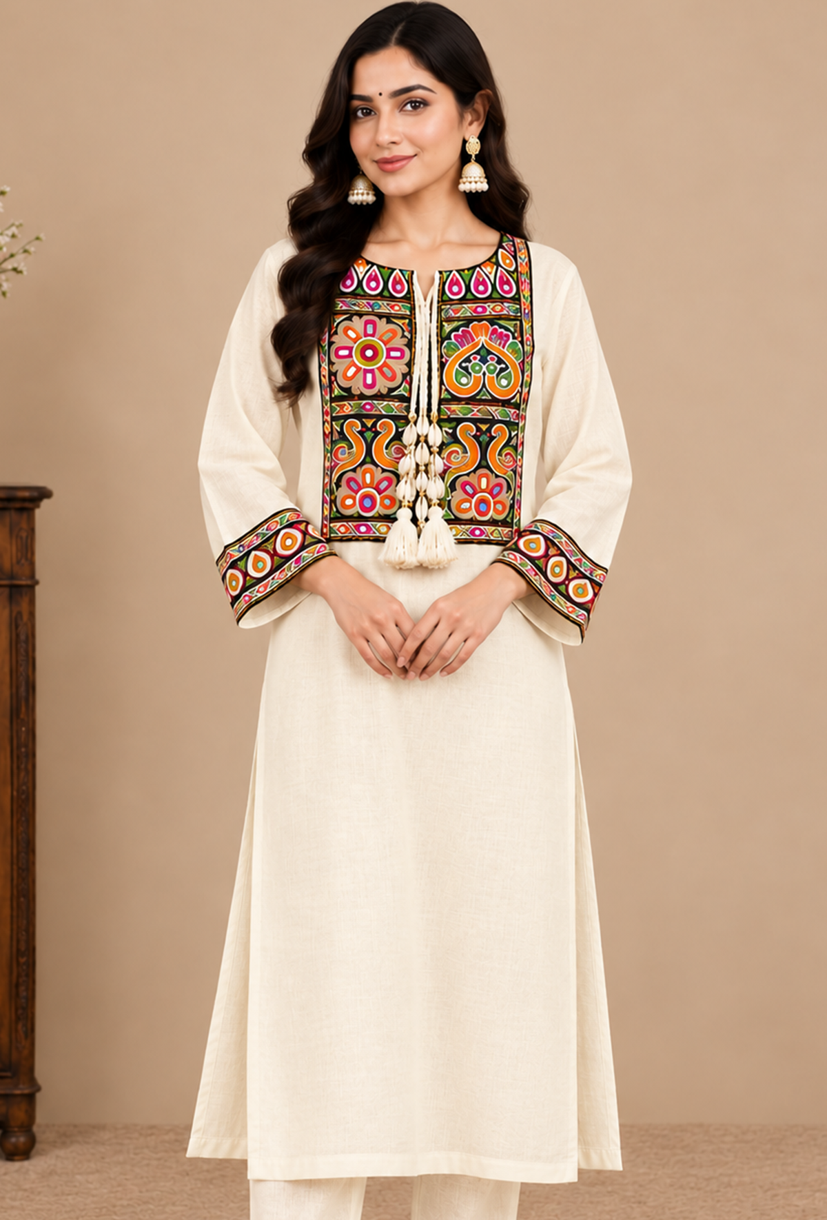 Ivory Cashmilon Gamthi Embroidered Phiran サイズ フリーサイズ