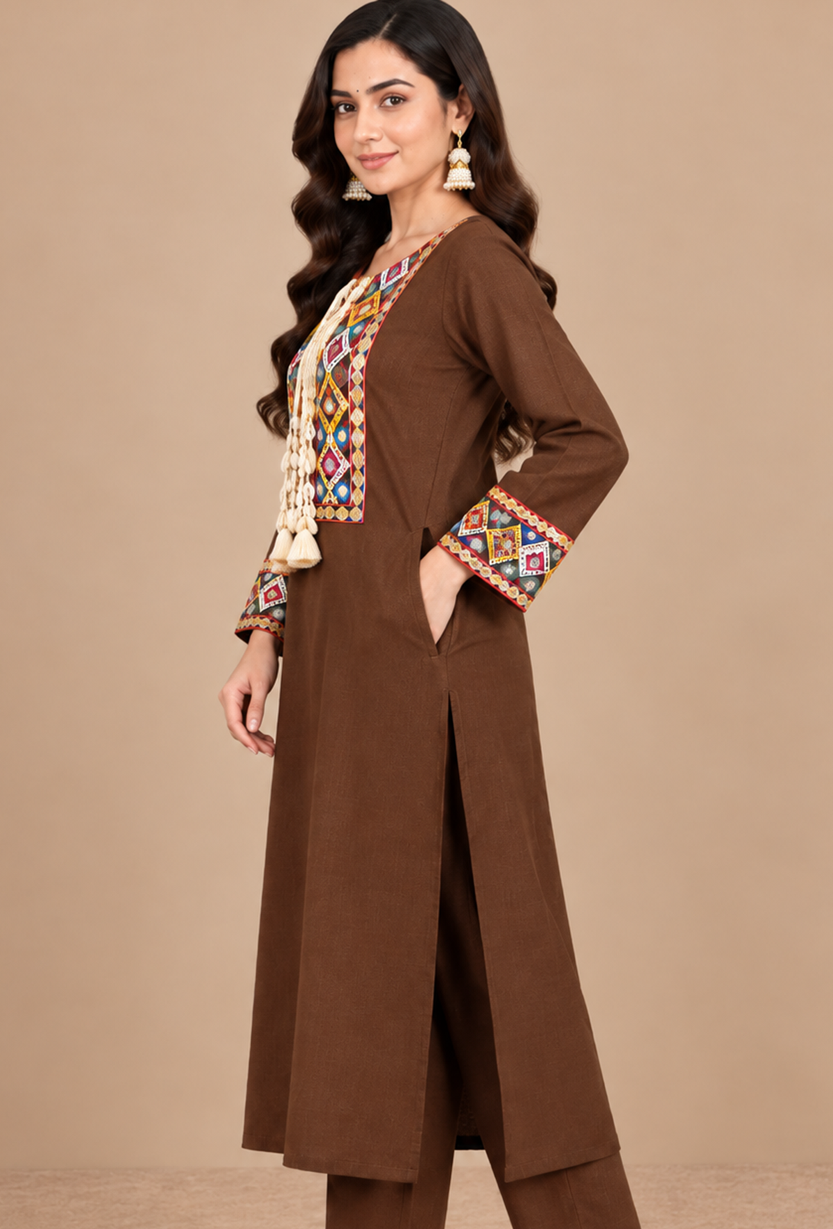 Chocolate Brown Cashmilon Gamthi Embroidered Phiran サイズ フリーサイズ
