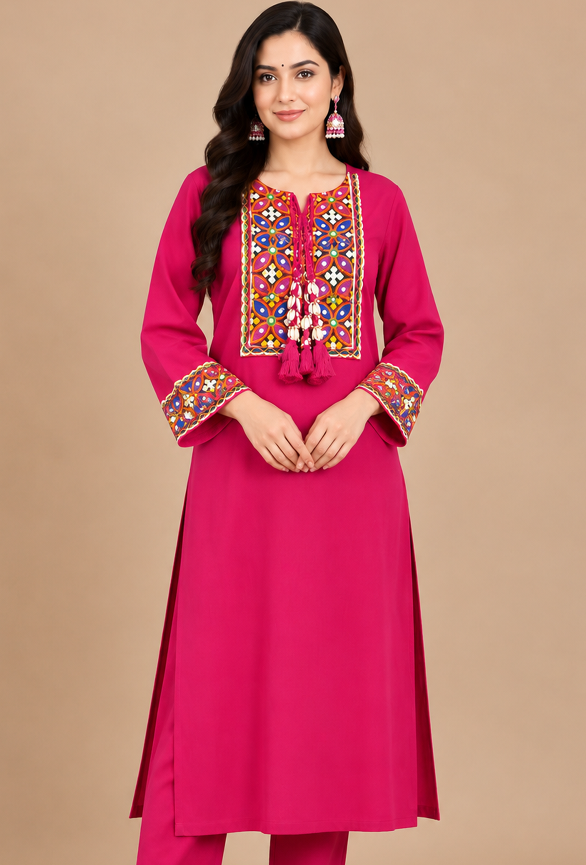 Rani Pink Multicolour Cashmilon Gamthi Embroidered Phiran サイズ フリーサイズ