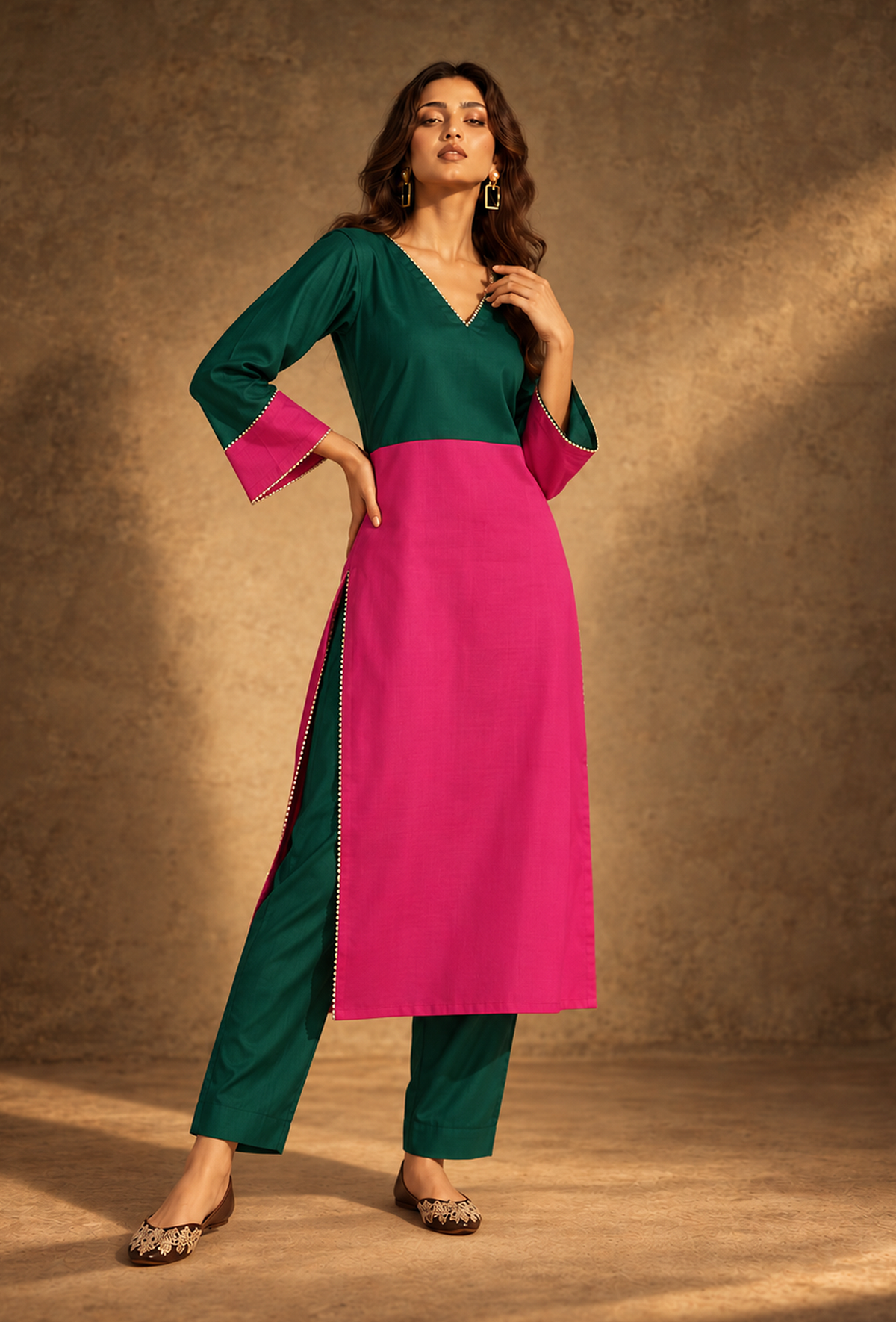 Set of 2: Green & Pink Glazed Cotton Kurta With Pants クルタ L・パンツ L