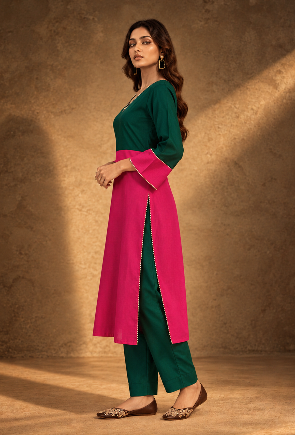 Set of 2: Green & Pink Glazed Cotton Kurta With Pants クルタ M・パンツ M