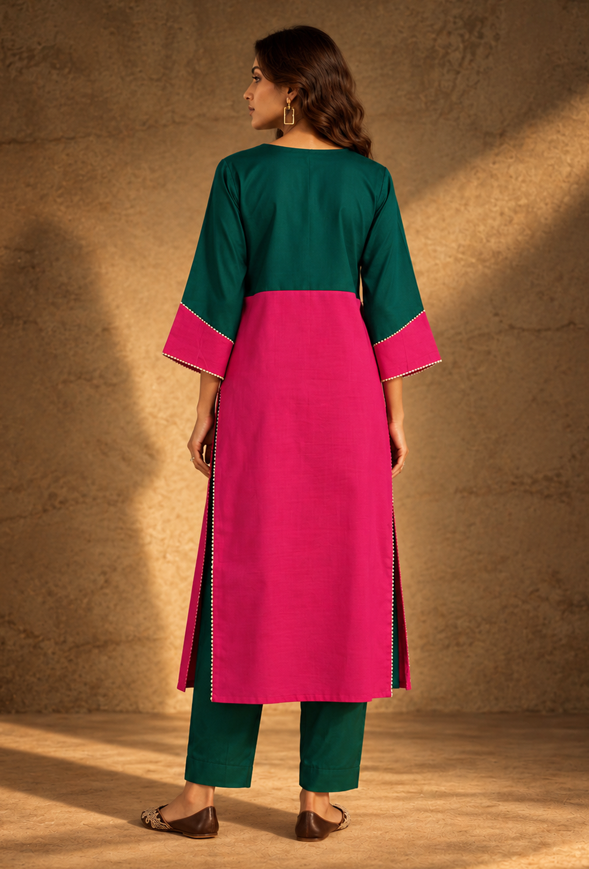 Set of 2: Green & Pink Glazed Cotton Kurta With Pants クルタ XS・パンツ S