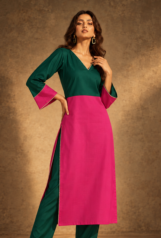 Green & Pink Color Glazed Cotton Kurta サイズ M