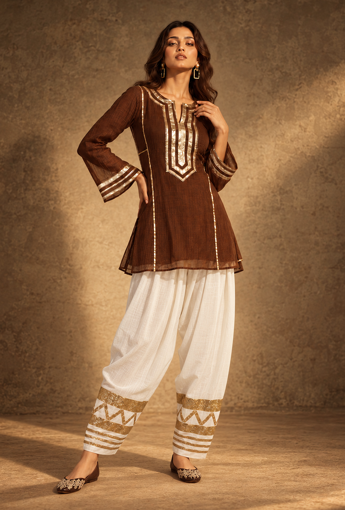 Set of 2: Cocoa Charm Chanderi Kurta & Ivory Salwar Set with Golden Lace クルタ M・サルワール S