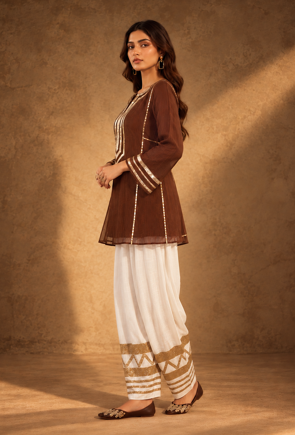 Set of 2: Cocoa Charm Chanderi Kurta & Ivory Salwar Set with Golden Lace クルタ L・サルワール M