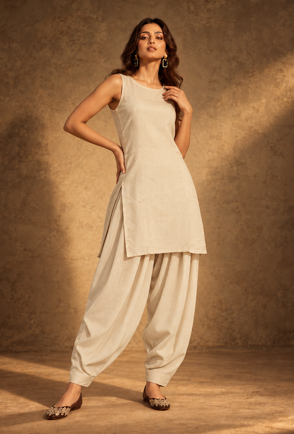 Set of 2: Beige Ease Sleeveless Glazed Cotton Kurta & Salwar Set クルタ XXL・サルワール S