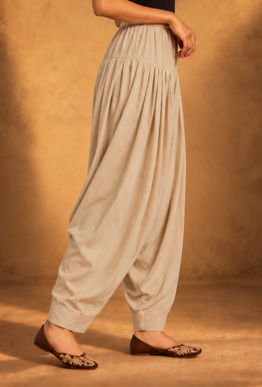 Beige Glazed Cotton Pleated Salwar サイズ M