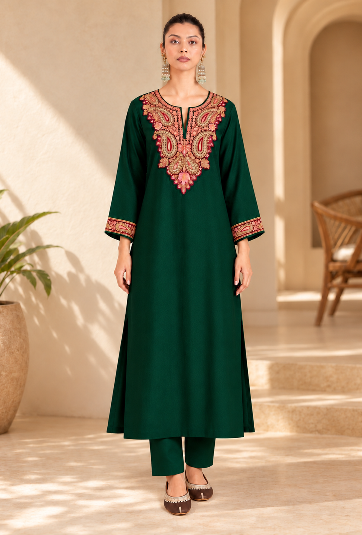 Set of 2: Green Cashmilon Kashmiri Embroidered Lace Phiran with Pants パンツ XL